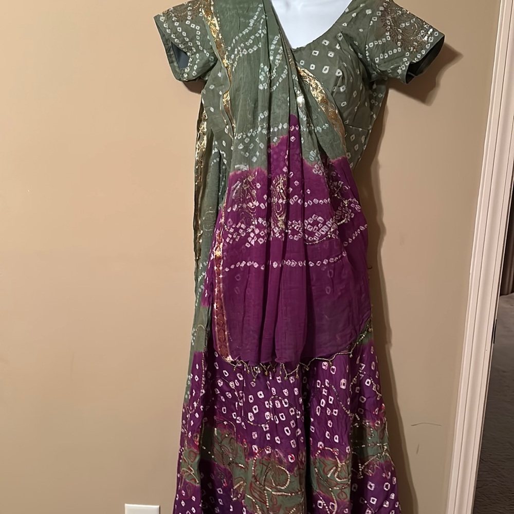 Sage green & purple bandhani garaba lehenga, navratri chaniya choli 3 pc set